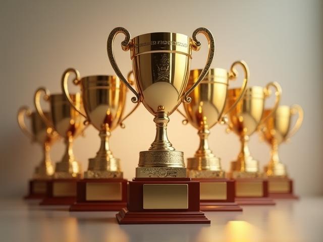 Trofeos y certificados representando los premios internacionales recibidos